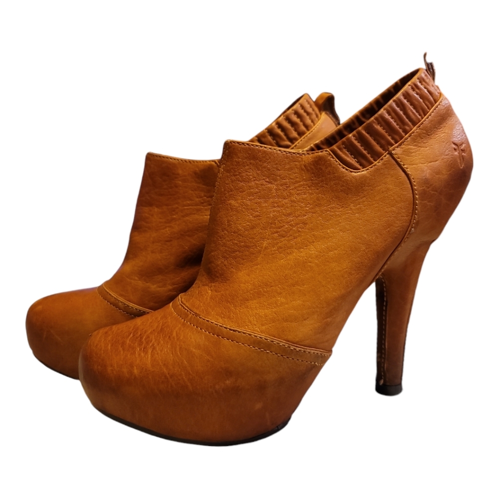 Frye Liz ankle bootie leather 8.5 forefoot platform 1.25" heels 3" orange brown